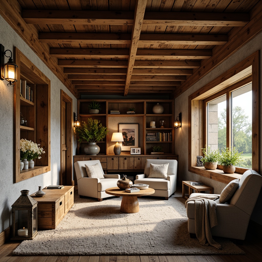 Prompt: Rustic farmhouse, wooden beams, distressed wood accents, natural stone walls, earthy color palette, vintage metal lanterns, reclaimed wood furniture, plush throw blankets, cozy reading nooks, warm candlelight, soft morning sunlight, shallow depth of field, 1/2 composition, intimate atmosphere, realistic textures, ambient occlusion.