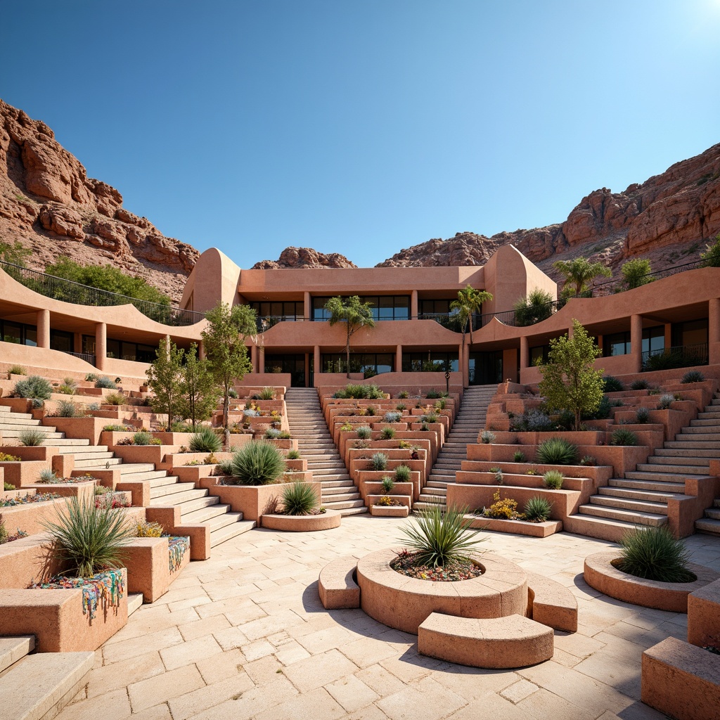 Prompt: Southwestern amphitheater, natural stone seating, curved rows, vibrant turquoise accents, earthy terracotta tones, rugged landscape, sandy dunes, cacti plants, clear blue sky, warm sunny day, rustic wooden benches, colorful woven textiles, geometric patterns, innovative seating layout, tiered arrangement, social gathering spaces, shaded areas, misting systems, modern southwestern architecture, large overhangs, cantilevered roofs, dramatic arches, ambient occlusion, realistic textures.