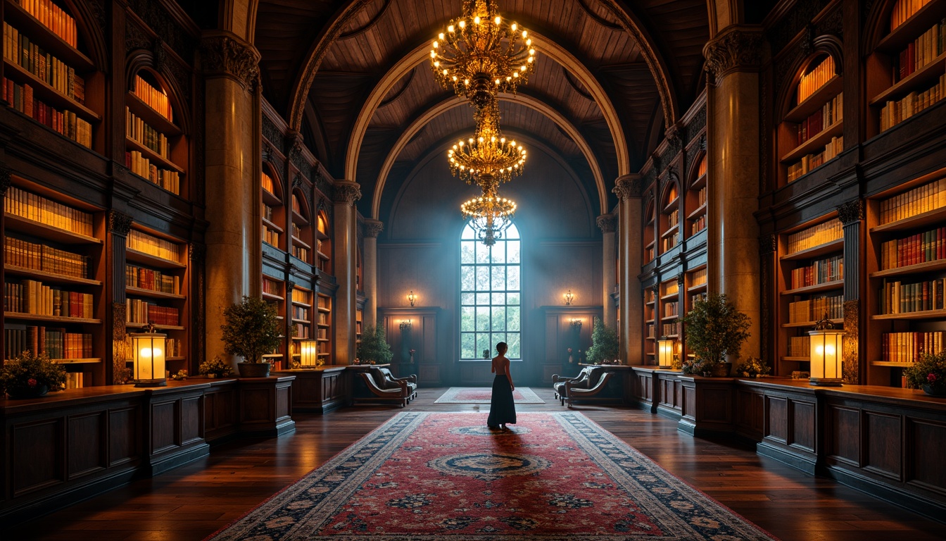 Prompt: Dark-stained wooden bookshelves, ornate Gothic arches, mystical lanterns, lavish velvet drapes, richly patterned rugs, antique leather-bound books, majestic stone columns, intricately carved wooden paneling, grand chandeliers, warm golden lighting, atmospheric fog effects, high-contrast shadows, 1/2 composition, dramatic close-ups, realistic wood textures, subtle ambient occlusion.