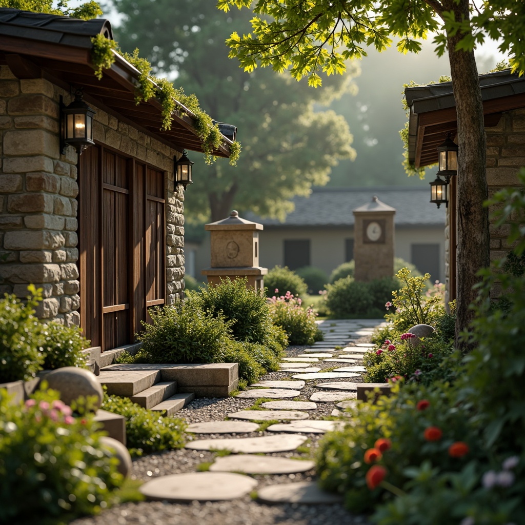 Prompt: Weathered stone monuments, rustic wooden accents, earthy brown tones, moss-covered walls, vintage metal lanterns, distressed finishes, natural textures, soft warm lighting, shallow depth of field, 3/4 composition, panoramic view, realistic ambient occlusion, serene memorial gardens, lush greenery, vibrant wildflowers, winding gravel paths, peaceful atmosphere, subtle color gradations, earthy scent, nostalgic feel.