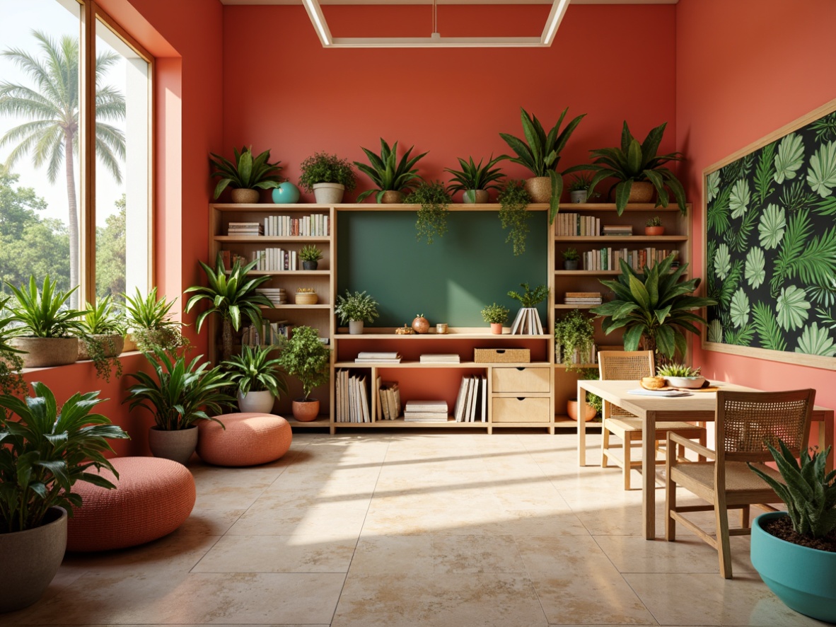 Prompt: Vibrant tropical classroom, bright coral walls, lush green accents, warm beige furniture, exotic floral patterns, natural wood textures, woven rattan details, sunny yellow highlights, turquoise blue accessories, palm tree silhouettes, soft misty lighting, shallow depth of field, 1/1 composition, realistic renderings, ambient occlusion.