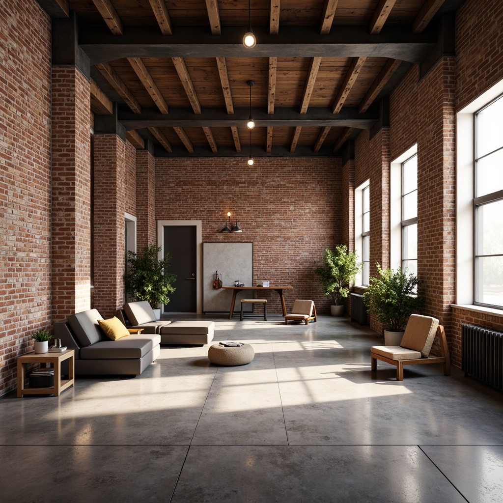 Prompt: Exposed brick walls, distressed finishes, urban loft atmosphere, reclaimed wood accents, metal beams, industrial chic decor, Edison bulb lighting, polished concrete floors, minimalist color palette, functional furniture, open space layout, natural light pouring in, soft warm ambiance, shallow depth of field, 1/1 composition, realistic textures, ambient occlusion.