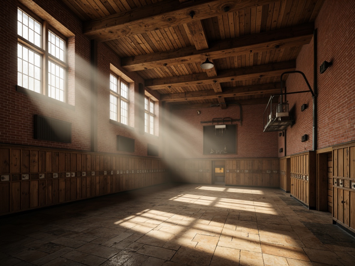 Prompt: Rustic gymnasium interior, wooden beams, exposed brick walls, distressed metal fixtures, vintage athletic equipment, nostalgic lockers, warm cozy ambiance, soft warm lighting, dramatic shadow effects, industrial-style pendant lamps, metal cage lamps, reclaimed wood accents, natural stone flooring, earthy color palette, atmospheric fog effect, 1/1 composition, cinematic lighting ratio, high contrast ratio, realistic textures, ambient occlusion.