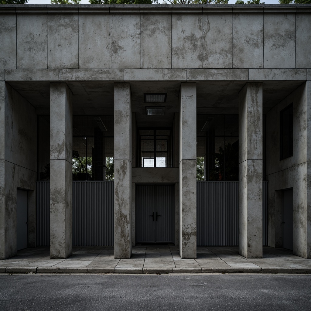 Prompt: Rugged concrete fa\u00e7ade, fortress-like structure, minimalist ornamentation, raw unfinished surfaces, brutalist-inspired columns, heavy industrial doors, narrow vertical windows, ribbed metal frames, exposed ductwork, dimly lit interior, dramatic shadowing, stark monochromatic color scheme, functional simplicity, urban brutalism, cold harsh lighting, high contrast ratio, 2/3 composition, cinematic atmosphere, gritty textures, ambient occlusion.