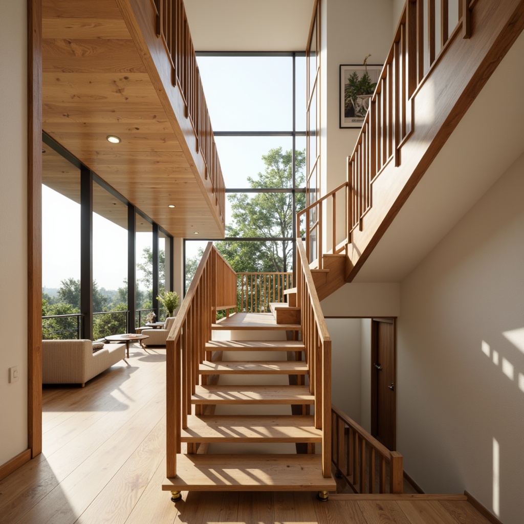 Prompt: Sleek handrails, walnut wood accents, brass metal fixtures, minimalist brackets, rounded geometric shapes, tapered legs, open riser stairs, natural oak flooring, warm beige walls, large windows, abundant natural light, soft warm lighting, shallow depth of field, 3/4 composition, panoramic view, realistic textures, ambient occlusion, mid-century modern architecture, residential interior design, luxury living spaces.