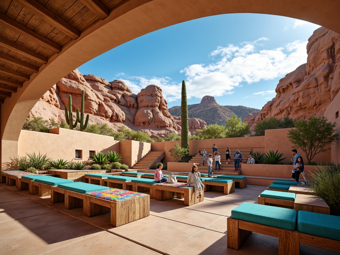 Prompt: Southwestern amphitheater, tiered seating arrangement, vibrant turquoise accents, rustic wooden benches, colorful woven textiles, desert landscape backdrop, sandy dunes, cactus plants, warm sunny day, clear blue sky, dramatic rock formations, natural stone walls, earthy tone architecture, curved lines, organic shapes, modern innovative design, comfortable cushioning, sleek metal armrests, built-in cup holders, ambient lighting, shallow depth of field, 3/4 composition, panoramic view, realistic textures, ambient occlusion.