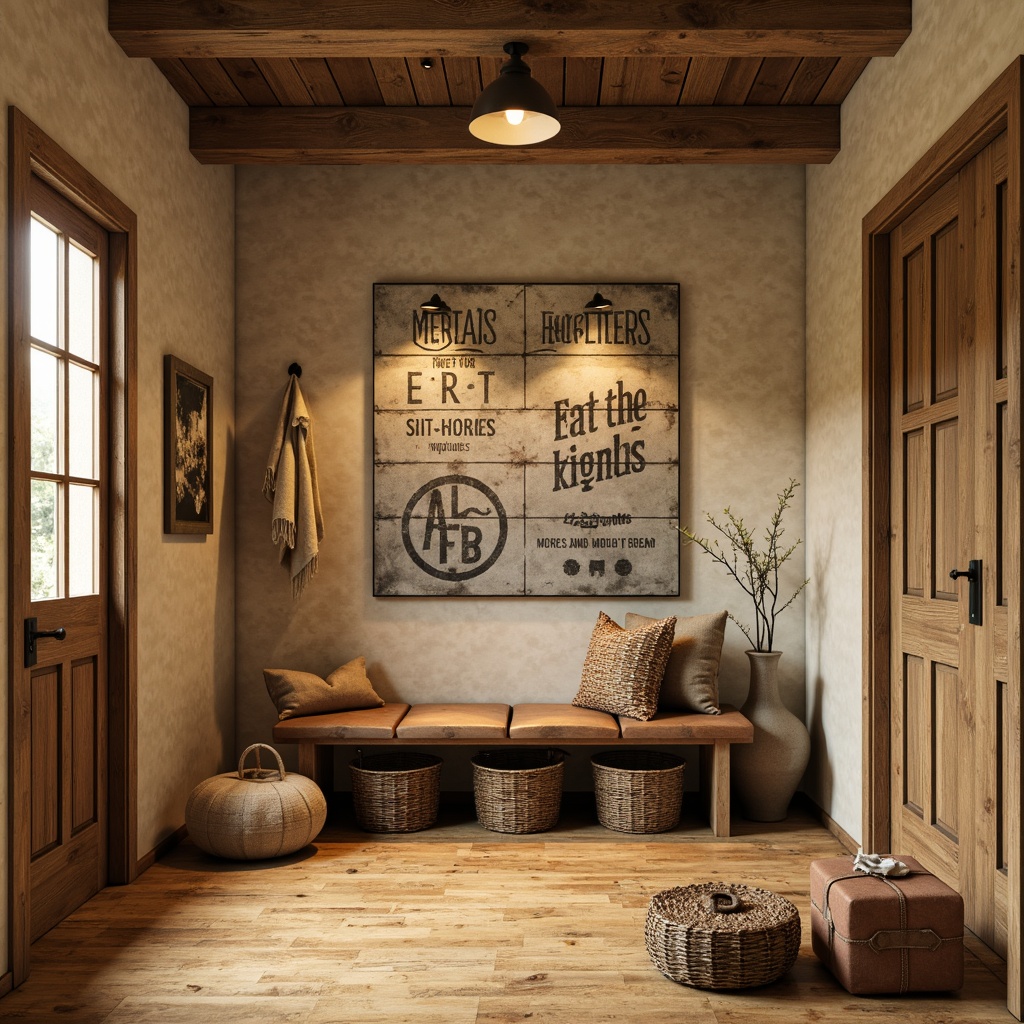 Prompt: Rustic mudroom, earthy tones, warm beige walls, natural wood accents, cozy atmosphere, vintage metal signs, woven baskets, distressed leather benches, soft overhead lighting, warm golden flooring, nature-inspired artwork, organic textures, 3/4 composition, shallow depth of field, realistic renderings.