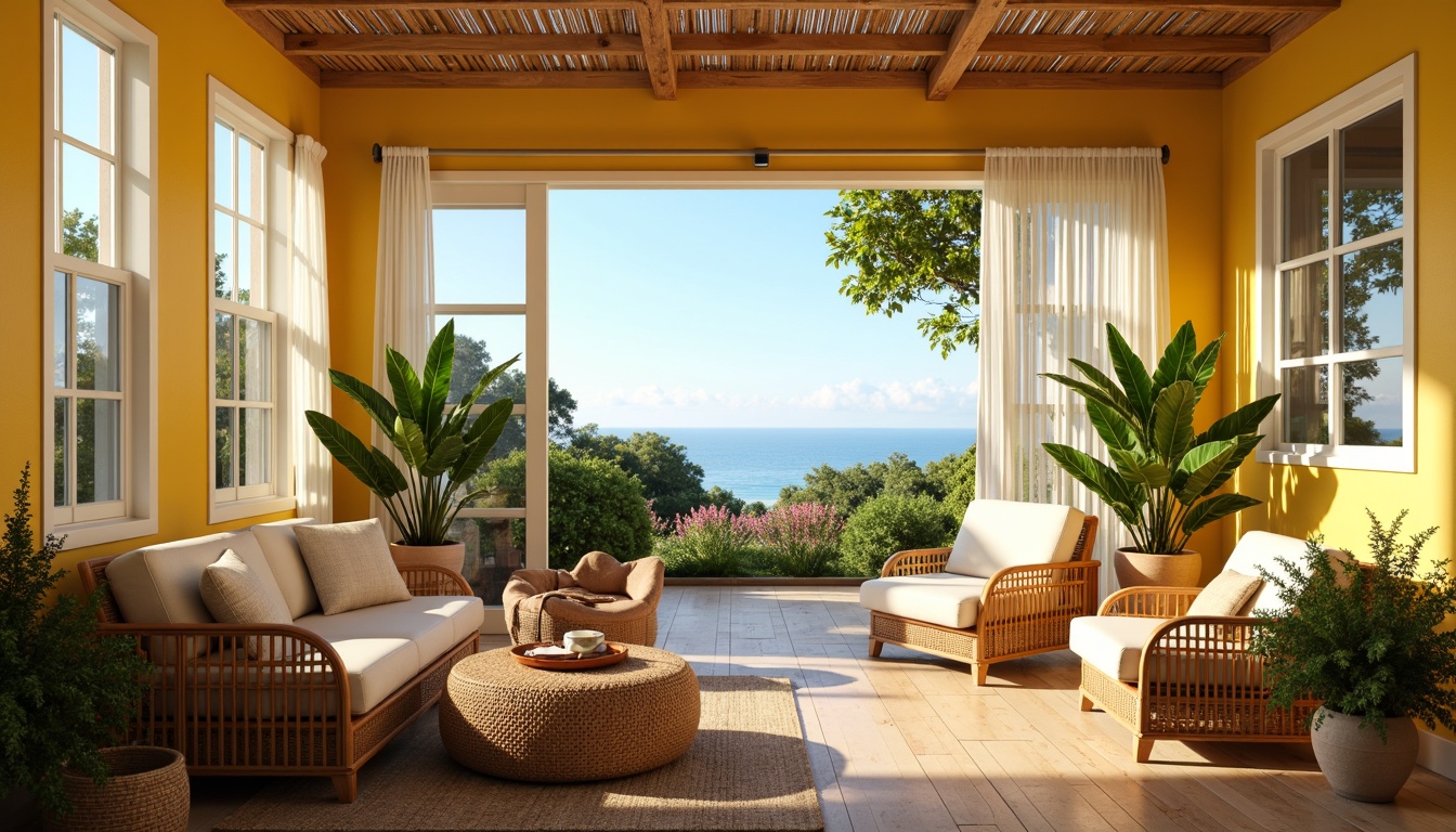 Prompt: Vibrant sunroom, warm natural light, soft creamy walls, bright yellow accents, lush greenery, tropical plants, wicker furniture, rattan textures, calming ocean views, serene atmosphere, gentle breezes, sheer white curtains, natural wood floors, earthy terracotta pots, blooming flowers, sunny day, warm golden lighting, shallow depth of field, 3/4 composition, panoramic view, realistic textures, ambient occlusion.