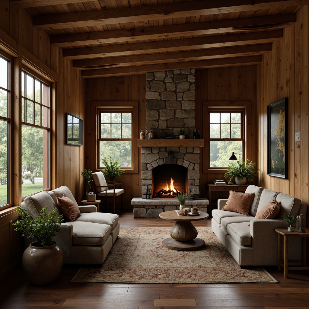 Prompt: Rustic cabin, wooden accents, textured walls, earthy tones, natural stone fireplace, vintage furniture, cozy atmosphere, warm lighting, shallow depth of field, 1/1 composition, intimate setting, soft focus, realistic textures, ambient occlusion.