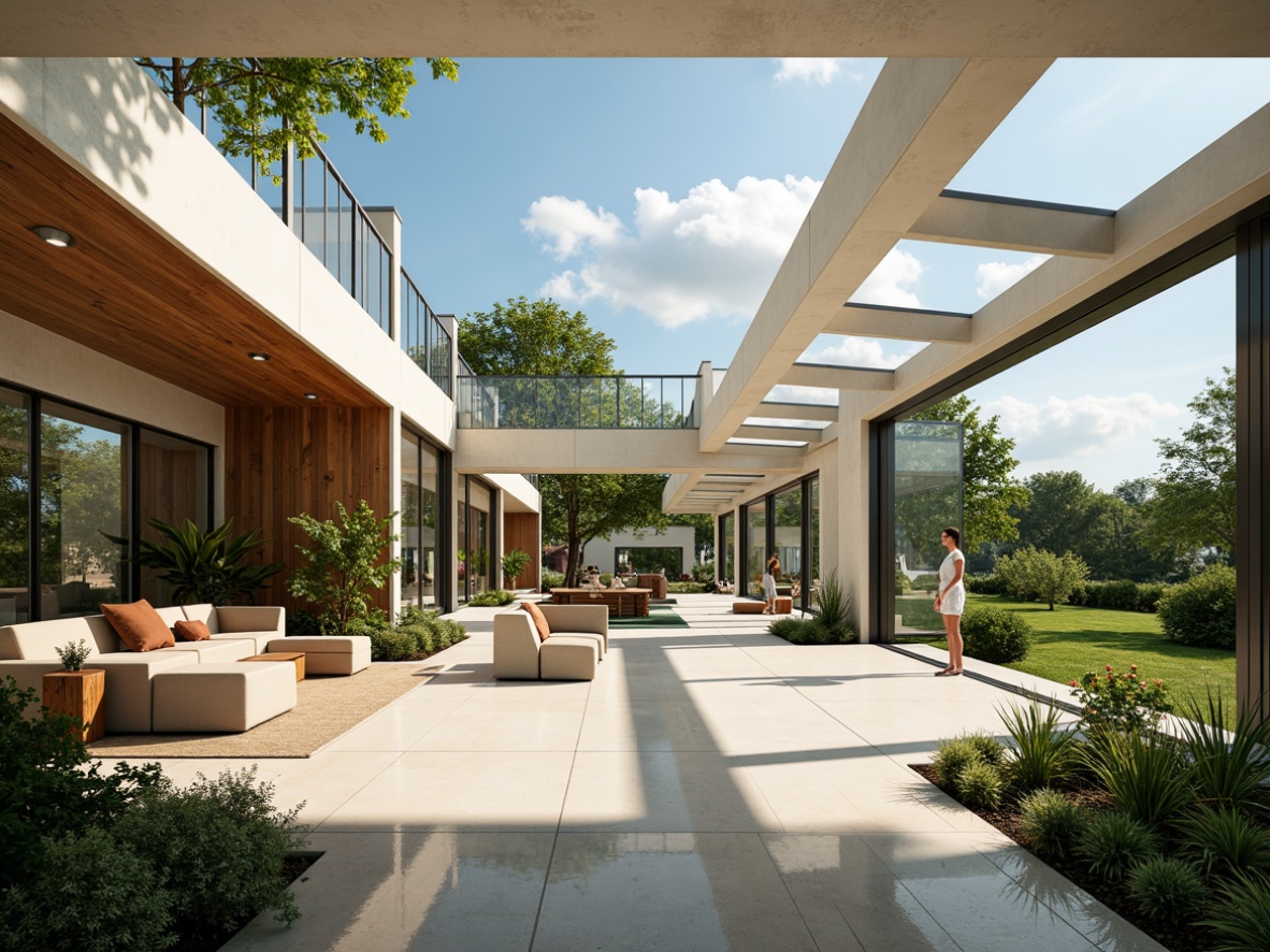 Prompt: Sun-drenched sunroom, sleek futuristic architecture, floor-to-ceiling windows, sliding glass doors, minimal ornamentation, polished metal frames, reflective surfaces, angular lines, open floor plan, cantilevered roof, clerestory windows, skylights, solar tubes, bright color palette, warm wood accents, comfortable seating areas, lush greenery, natural textiles, ambient lighting, soft shadows, shallow depth of field, 1/1 composition, panoramic view, realistic reflections.