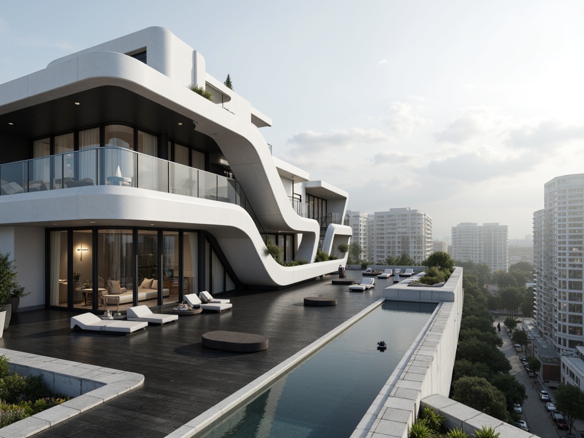 Prompt: Curved lines, minimal ornamentation, monochromatic color scheme, polished metal accents, large windows, sliding glass doors, open floor plans, functional simplicity, urban cityscape, morning mist, soft diffused lighting, shallow depth of field, 3/4 composition, panoramic view, realistic textures, ambient occlusion, geometric patterns, industrial materials, cantilevered roofs, asymmetrical facades, futuristic vibes.