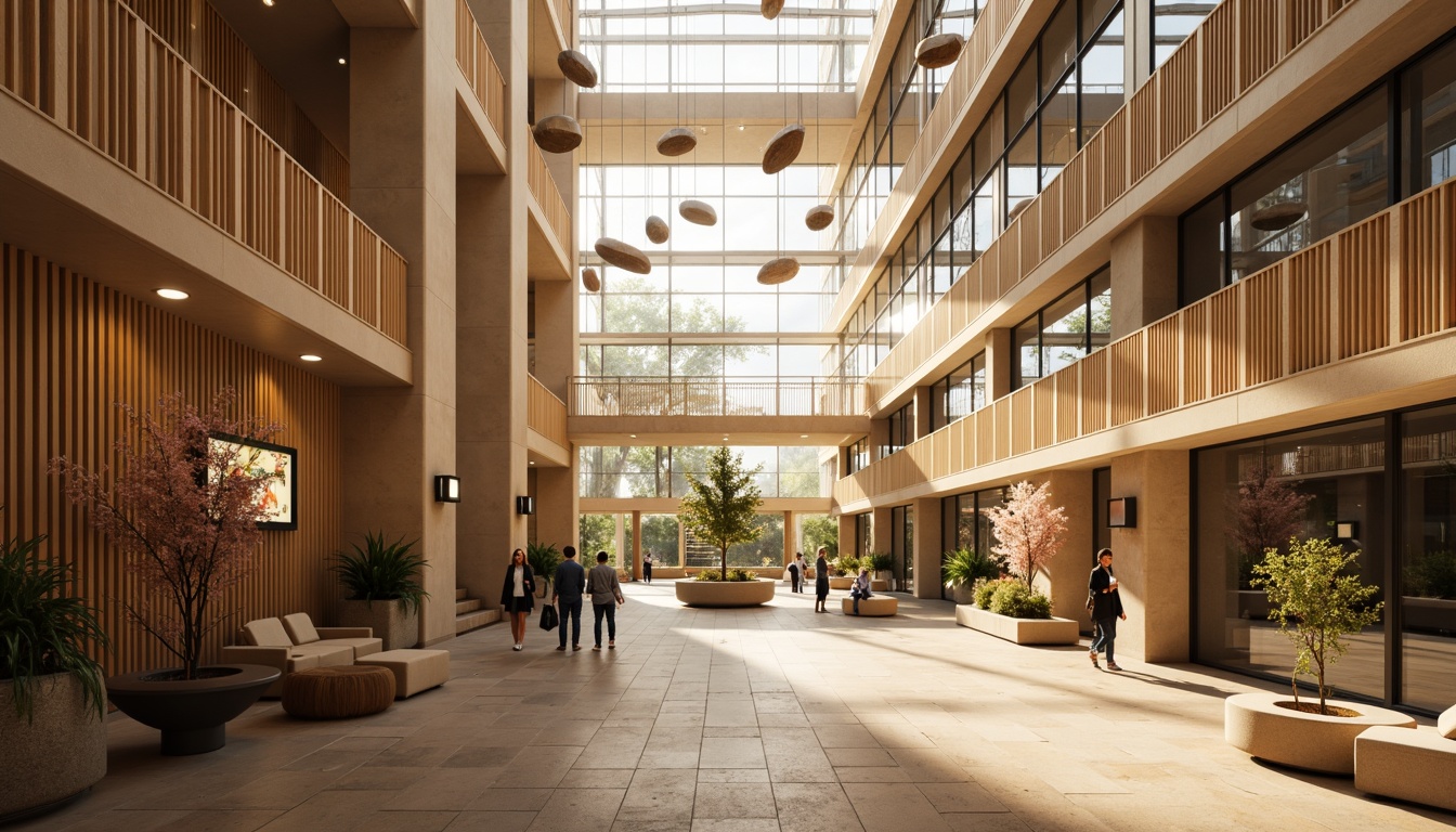 Prompt: Warmly lit public atrium, natural light pouring through clerestory windows, suspended pendant lamps, geometric patterned flooring, warm beige tones, rich wood accents, organic shapes, minimalist decor, floor-to-ceiling glass walls, open staircase, subtle shadowing, soft diffused lighting, 1/2 composition, atmospheric perspective, realistic reflections, ambient occlusion.