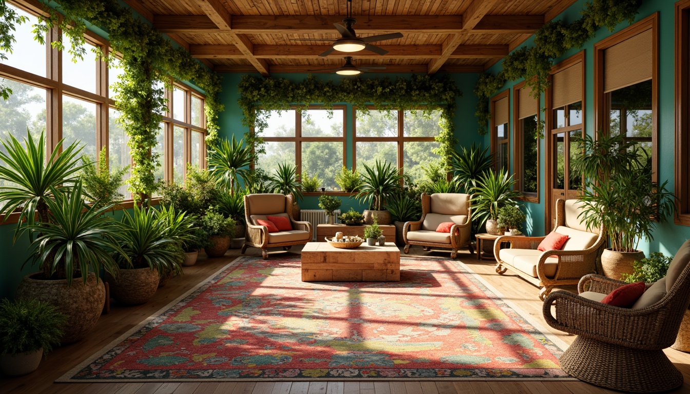 Prompt: Vibrant tropical school interior, lush greenery, exotic plants, natural wood accents, wicker furniture, rattan decor, colorful textiles, eclectic patterns, abundant sunlight, warm soft lighting, shallow depth of field, 3/4 composition, panoramic view, realistic textures, ambient occlusion.