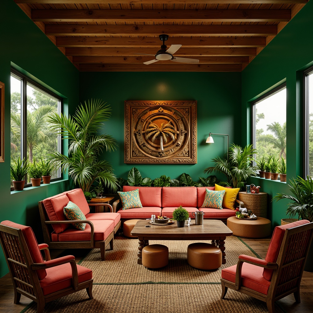 Prompt: Tropical game room, lush green walls, exotic wood furniture, woven rattan chairs, plush velvet sofas, vibrant colorful throw pillows, natural fiber rugs, wooden coffee tables, carved wooden decorative panels, palm tree decorations, artificial tropical plants, warm soft lighting, cozy atmosphere, shallow depth of field, 1/1 composition, cinematic camera angle, realistic textures, ambient occlusion.