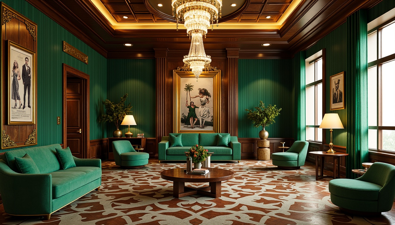 Prompt: Luxurious great room, opulent Art Deco style, rich jewel tones, emerald green walls, golden accents, metallic sheen, velvety soft furnishings, geometric patterns, ornate mirrors, crystal chandeliers, high ceilings, lavish drapery, bronze statues, vintage posters, rich wood paneling, sophisticated ambiance, warm creamy lighting, shallow depth of field, 2/3 composition, realistic textures, ambient occlusion.