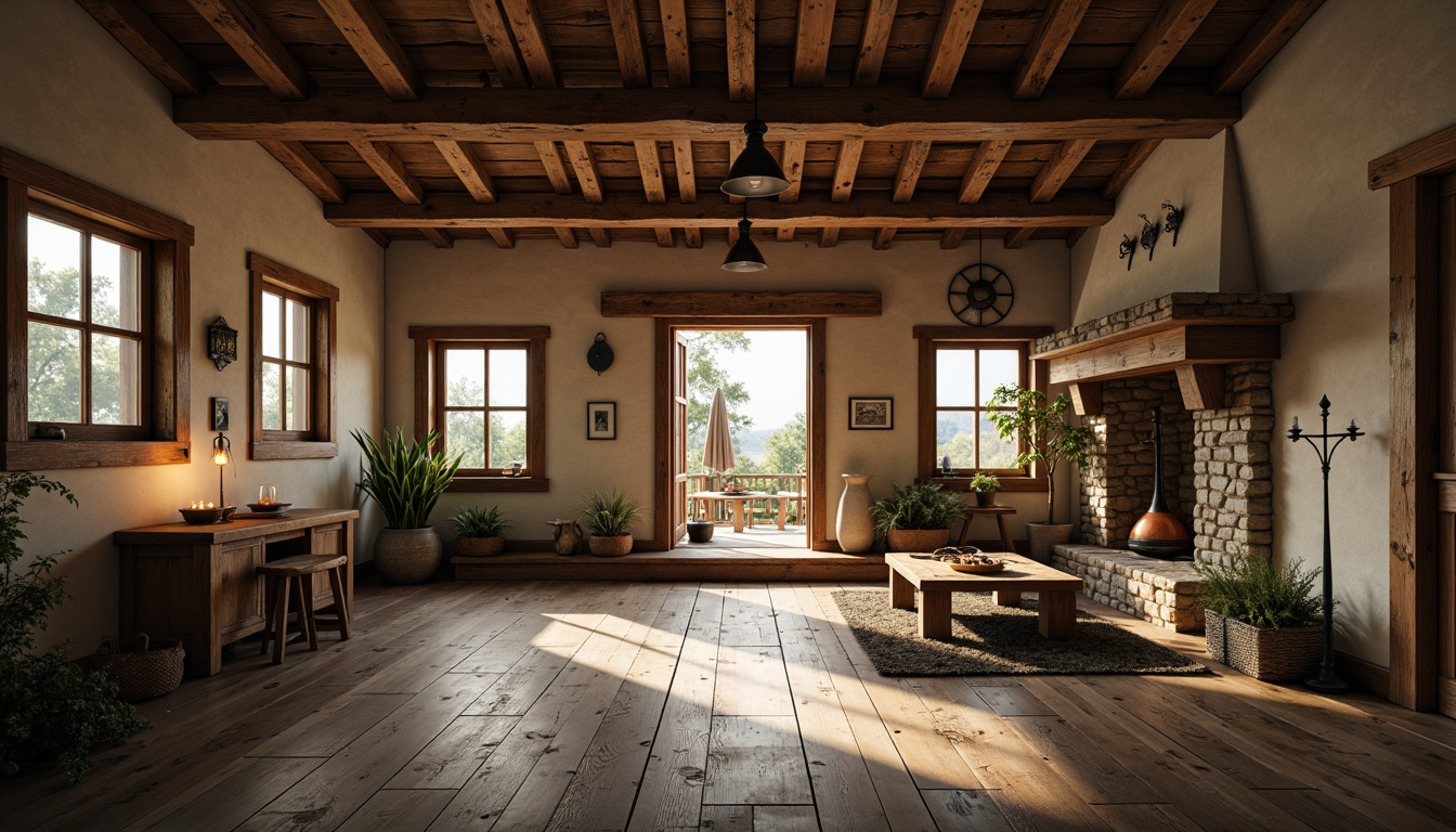 Prompt: Rustic farmhouse, weathered wooden planks, distressed textures, earthy color palette, natural stone accents, vintage metal decorations, reclaimed wood beams, cozy candle lighting, warm neutral tones, soft focus, shallow depth of field, 1/2 composition, atmospheric perspective, realistic wood grain, subtle ambient occlusion.