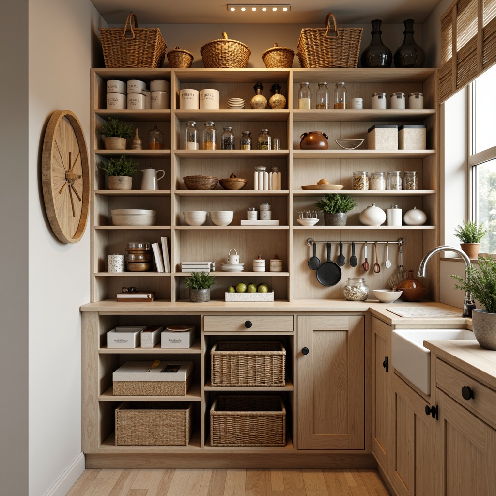 Prompt: Cozy pantry, wooden shelves, stackable containers, transparent storage bins, label maker, adjustable shelving units, corner carousels, lazy susans, pull-out baskets, spice racks, kitchen utensil organizers, soft-close drawers, LED lighting, warm beige tones, modern farmhouse style, open shelving concept, decorative ceramic jars, wicker storage baskets, aromatic herbs, rustic wood accents, 3/4 composition, shallow depth of field, realistic textures.