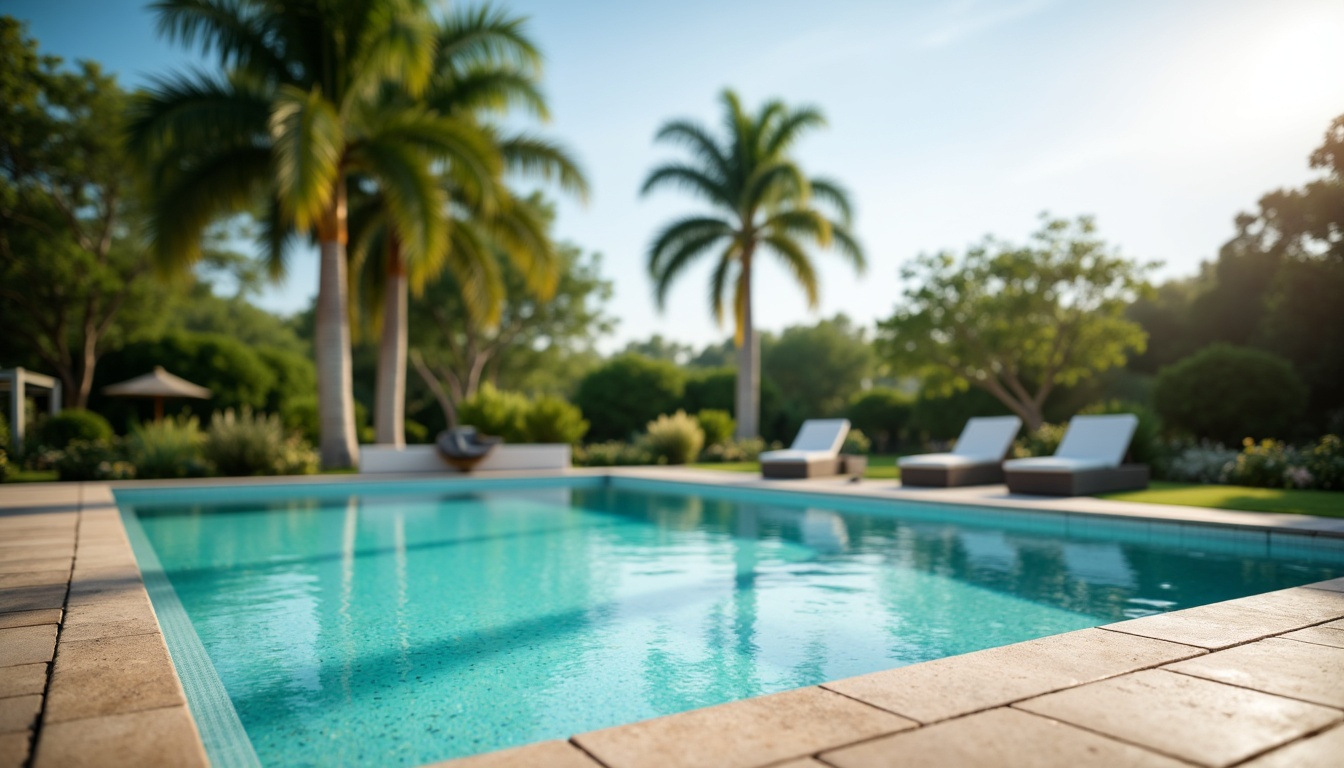 Prompt: Vibrant turquoise water, sun-kissed deck, natural stone coping, sleek modern pool design, infinity edge, lush greenery surroundings, palm trees, warm sunny day, soft gentle lighting, shallow depth of field, 3/4 composition, realistic textures, ambient occlusion.