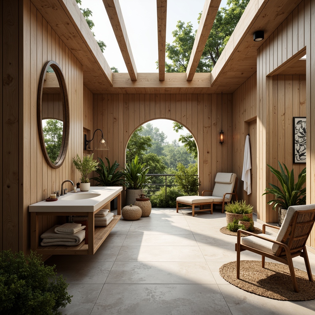 Prompt: Light-filled Scandinavian bathroom, wooden accents, natural stone floors, textured wood paneling, organic shapes, earthy tones, woven textiles, rattan furniture, botanical prints, lush greenery, skylight illumination, soft warm lighting, 1/1 composition, realistic textures, ambient occlusion.