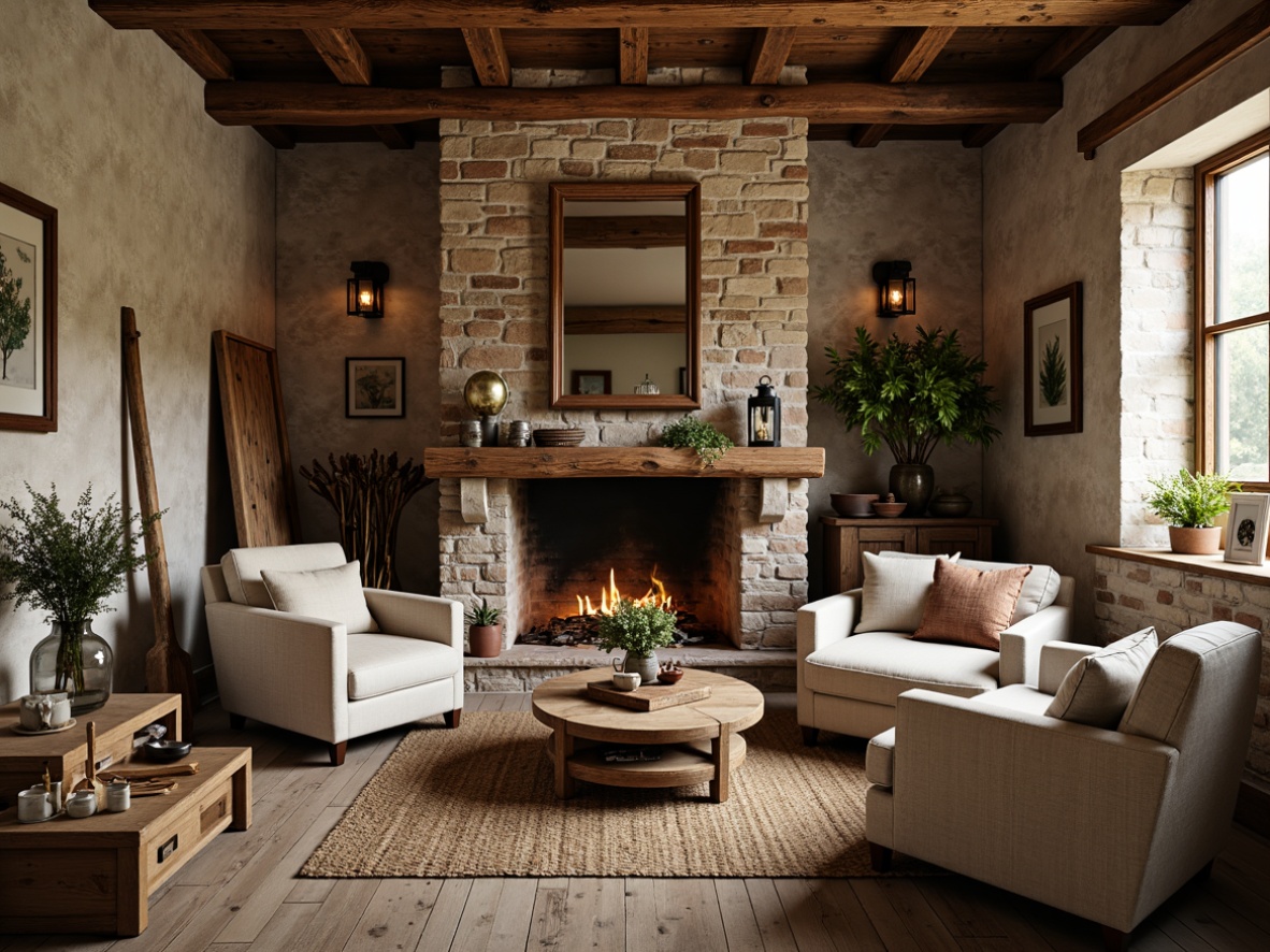 Prompt: Rustic wooden accents, vintage farm tools, earthy color palette, natural stone walls, distressed wooden beams, classic brick fireplaces, plush linen upholstery, woven jute rugs, metal lanterns, antique furniture pieces, botanical prints, soft warm lighting, shallow depth of field, 3/4 composition, cozy atmosphere, realistic textures, ambient occlusion.