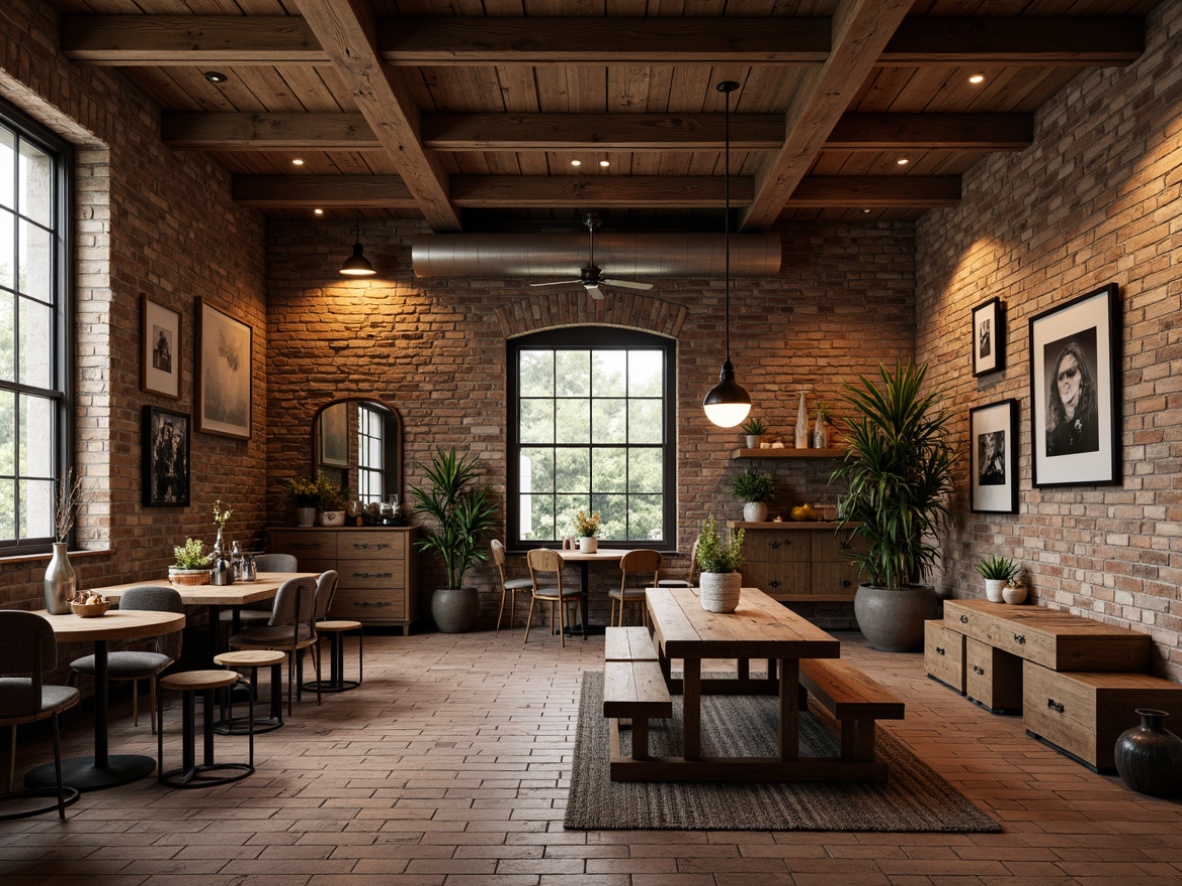 Prompt: Rustic wooden accents, distressed finishes, earthy tones, natural stone walls, rough-hewn beams, worn brick floors, vintage metal lanterns, reclaimed wood furniture, industrial-chic decor, urban loft atmosphere, warm cozy lighting, shallow depth of field, 1/1 composition, realistic textures, ambient occlusion.