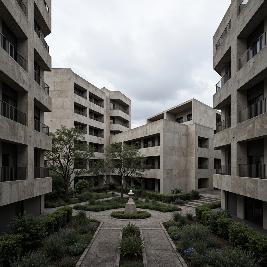 Prompt: Rugged university campus, brutalist architecture, exposed concrete structures, raw unfinished surfaces, fortress-like buildings, monumental scale, dramatic cantilevered roofs, angular lines, minimalist ornamentation, industrial materials, steel beams, reinforced concrete columns, urban landscape, overcast skies, moody lighting, deep shadows, 3/4 composition, symmetrical framing, realistic textures, ambient occlusion.