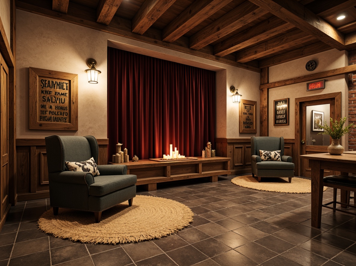 Prompt: Rustic farmhouse theater interior, distressed wood accents, reclaimed barn doors, vintage metal signs, earthy tone walls, natural stone flooring, woven jute rugs, plush velvet curtains, antique bronze lighting fixtures, decorative wooden beams, exposed brick walls, warm candlelight, softbox diffused lighting, 1/2 composition, intimate setting, realistic textures, ambient occlusion.