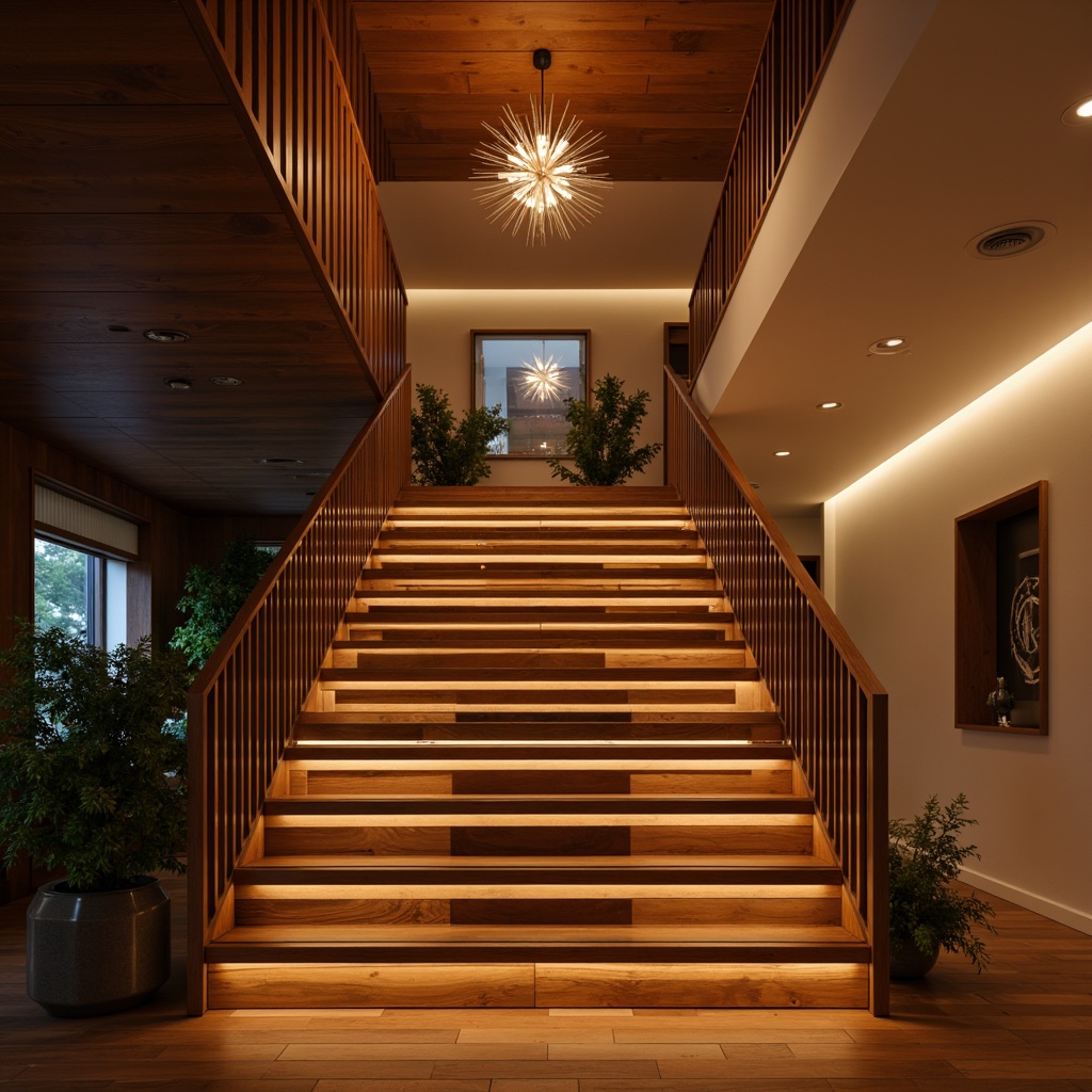 Prompt: Mid-century modern staircase, warm ambient lighting, soft warm glow, sleek metal handrails, rich wood tones, geometric patterns, minimalist design, open risers, floating steps, suspended lights, pendant lamps, sputnik chandeliers, warm white LED lights, recessed lighting, subtle shadows, dramatic highlights, 1/2 composition, low-angle view, atmospheric perspective, realistic materials, detailed textures.