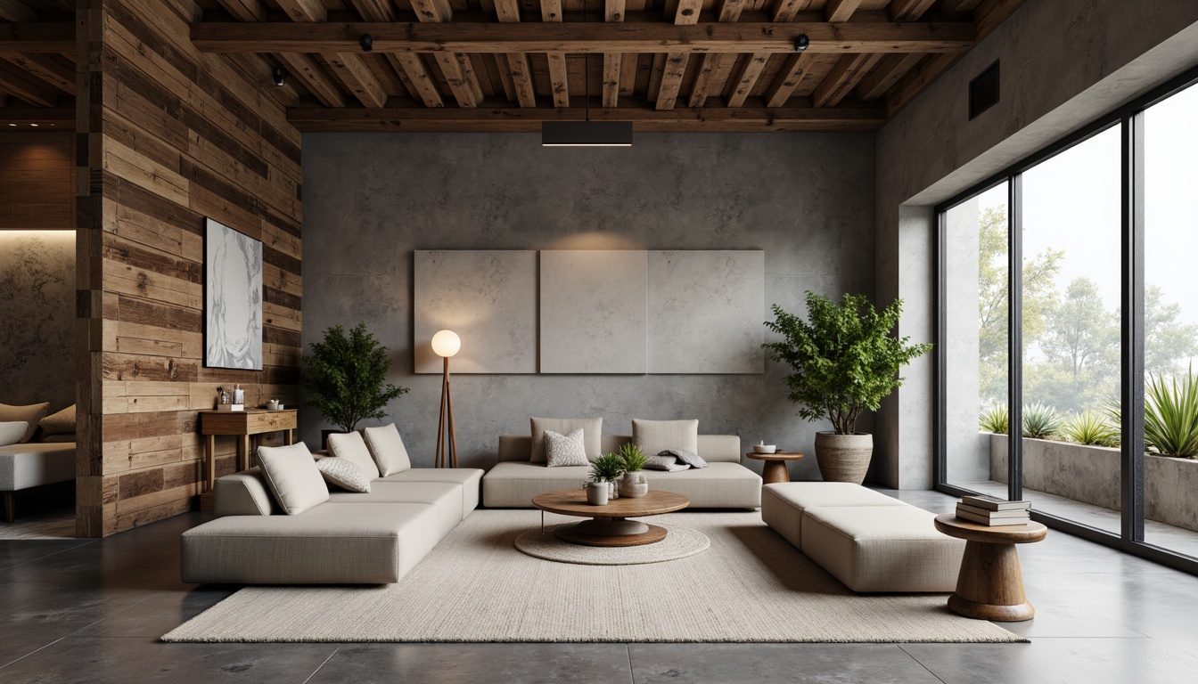 Prompt: Modern minimalist interior, polished concrete floors, sleek metal walls, reclaimed wood accents, industrial-chic lighting fixtures, low-profile furniture, neutral color palette, natural textiles, ambient soft lighting, shallow depth of field, 1/1 composition, realistic reflections, subtle shadows.