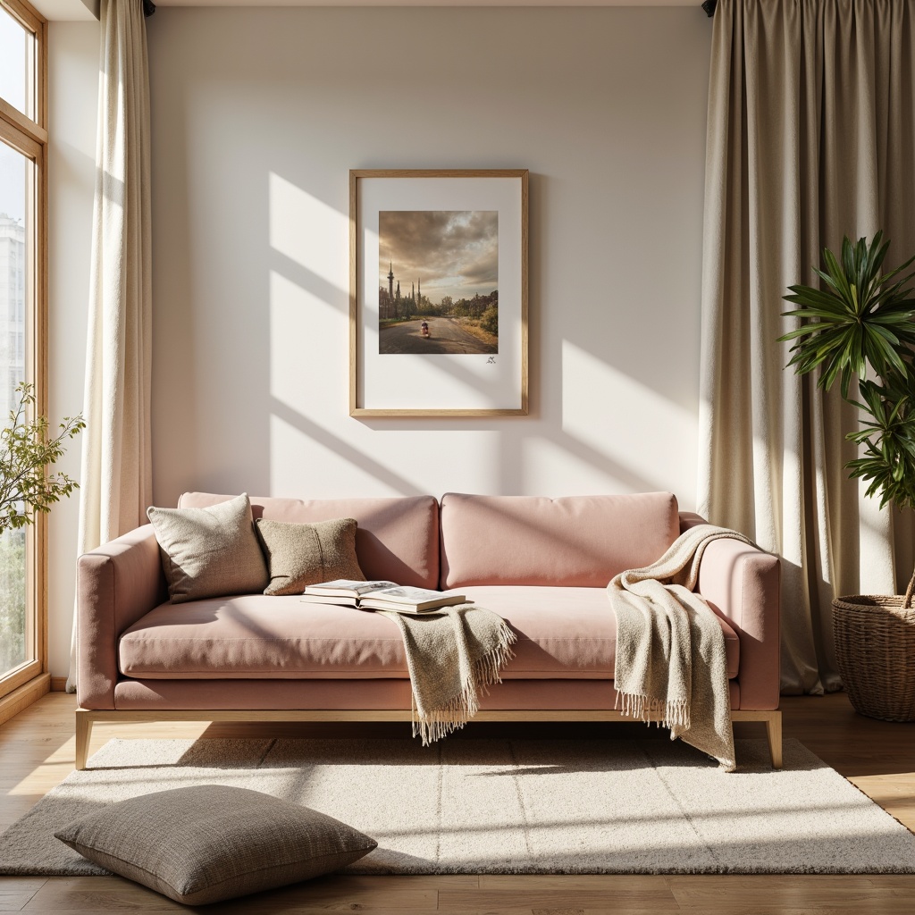 Prompt: Cozy living room, plush velvet sofa, soft pastel hues, gentle sheen fabrics, luxurious throw blankets, warm beige carpets, natural linen upholstery, elegant drapery, subtle texture contrasts, soothing color palette, tranquil atmosphere, softbox lighting, shallow depth of field, 1/1 composition, realistic fabric simulations.