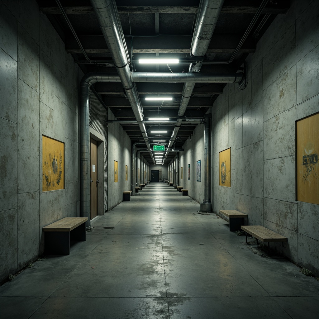 Prompt: Exposed concrete walls, rugged textures, industrial lighting fixtures, dramatic shadows, harsh fluorescent lights, urban atmosphere, underground tunnels, brutalist architecture, raw metal beams, poured concrete floors, minimalist benches, functional signage, cold color tones, dimly lit corridors, eerie ambiance, cinematic lighting, high contrast ratios, 1/1 composition, symmetrical framing, realistic materials, subtle ambient occlusion.