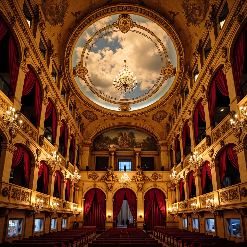 Prompt: Ornate opera house ceiling, gilded ornamental details, Baroque-inspired frescoes, intricate moldings, crystal chandeliers, rich velvet drapes, grandiose archways, ornamental plasterwork, 24-karat gold leaf accents, dramatic uplighting, warm golden lighting, soft focus effect, shallow depth of field, 1/2 composition, symmetrical framing, realistic textures, ambient occlusion.