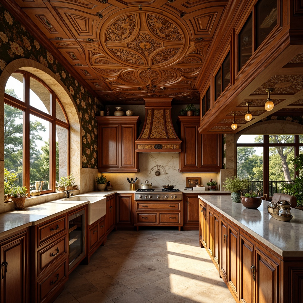 Prompt: Intricate kitchen cabinetry, ornate wooden carvings, flowing organic lines, luxurious velvet upholstery, richly polished bronze hardware, warm golden lighting, soft focus, shallow depth of field, 1/2 composition, elegant curves, sinuous shapes, botanical motifs, stylized floral patterns, natural stone countertops, marble backsplashes, ornamental ceramics, decorative tiles, opulent fabrics, lavish textiles, whimsical accessories, eclectic decorations, Art Nouveau-inspired kitchen island, flowing archways, grandiose ceiling fixtures.