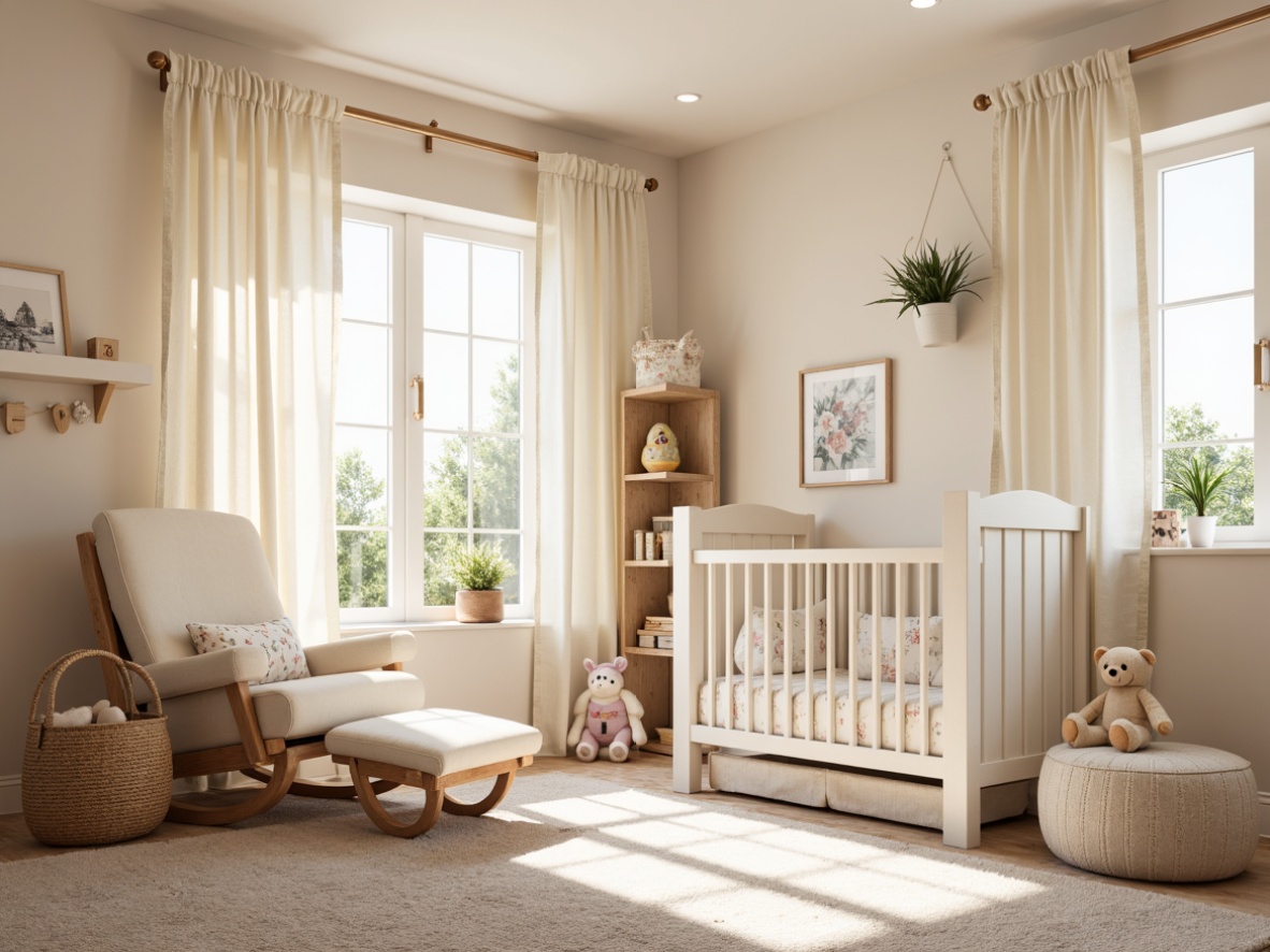 Prompt: Cozy baby nursery, soft pastel colors, plush carpets, gentle texture fabrics, calming atmosphere, warm beige walls, creamy white furniture, delicate lace curtains, sweet floral patterns, soothing natural lighting, comfortable gliders, oversized pillows, adorable stuffed animals, baby blocks, rattles, toys, tender motherly love, serene ambiance, shallow depth of field, 1/1 composition, realistic textures, ambient occlusion.