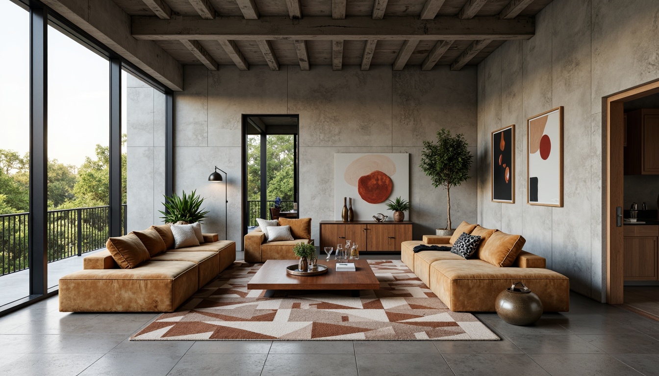 Prompt: Exposed concrete walls, industrial metal beams, minimalist decor, brutalist architecture, family room setting, sectional sofas, velvet upholstery, geometric patterned rugs, reclaimed wood coffee tables, metallic side tables, floor-to-ceiling windows, natural light pouring in, greenery views, statement lighting fixtures, abstract art pieces, neutral color palette, cozy throw blankets, comfortable pillows, warm ambiance, shallow depth of field, 1/2 composition, realistic textures, ambient occlusion.