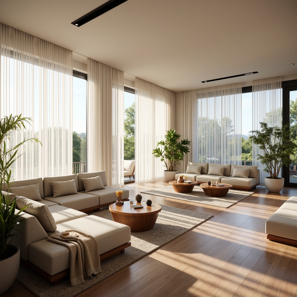 Prompt: Airy living room, minimalist decor, natural light pouring in, sheer curtains, sleek wooden floors, modern furniture pieces, low-profile sofas, geometric coffee tables, greenery accents, potted plants, floor-to-ceiling windows, sliding glass doors, open-plan layout, functional zones, cozy reading nooks, soft warm lighting, shallow depth of field, 1/1 composition, realistic textures, ambient occlusion.