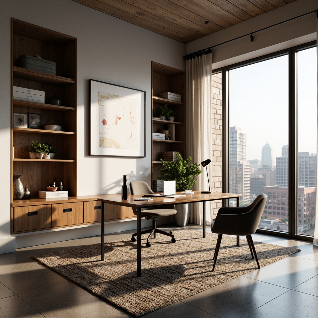 Prompt: Minimalist home office, sleek desk, ergonomic chair, modern task lamp, abstract artwork, built-in shelving, geometric rug, industrial metal decor, reclaimed wood accents, natural stone flooring, floor-to-ceiling windows, urban cityscape view, warm afternoon sunlight, soft diffused lighting, shallow depth of field, 3/4 composition, realistic textures, ambient occlusion.