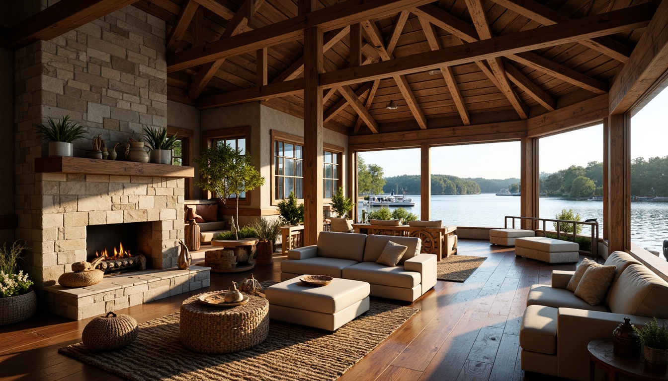 Prompt: Rustic boathouse, open floor plan, wooden beams, reclaimed wood accents, stone fireplace, comfortable sofas, nautical decorations, vintage boat wheels, natural textiles, earthy color palette, warm ambient lighting, shallow depth of field, 1/1 composition, inviting atmosphere, waterfront views, serene lake scenery, lush greenery, surrounding trees, soft morning light, realistic wood textures, subtle water reflections.