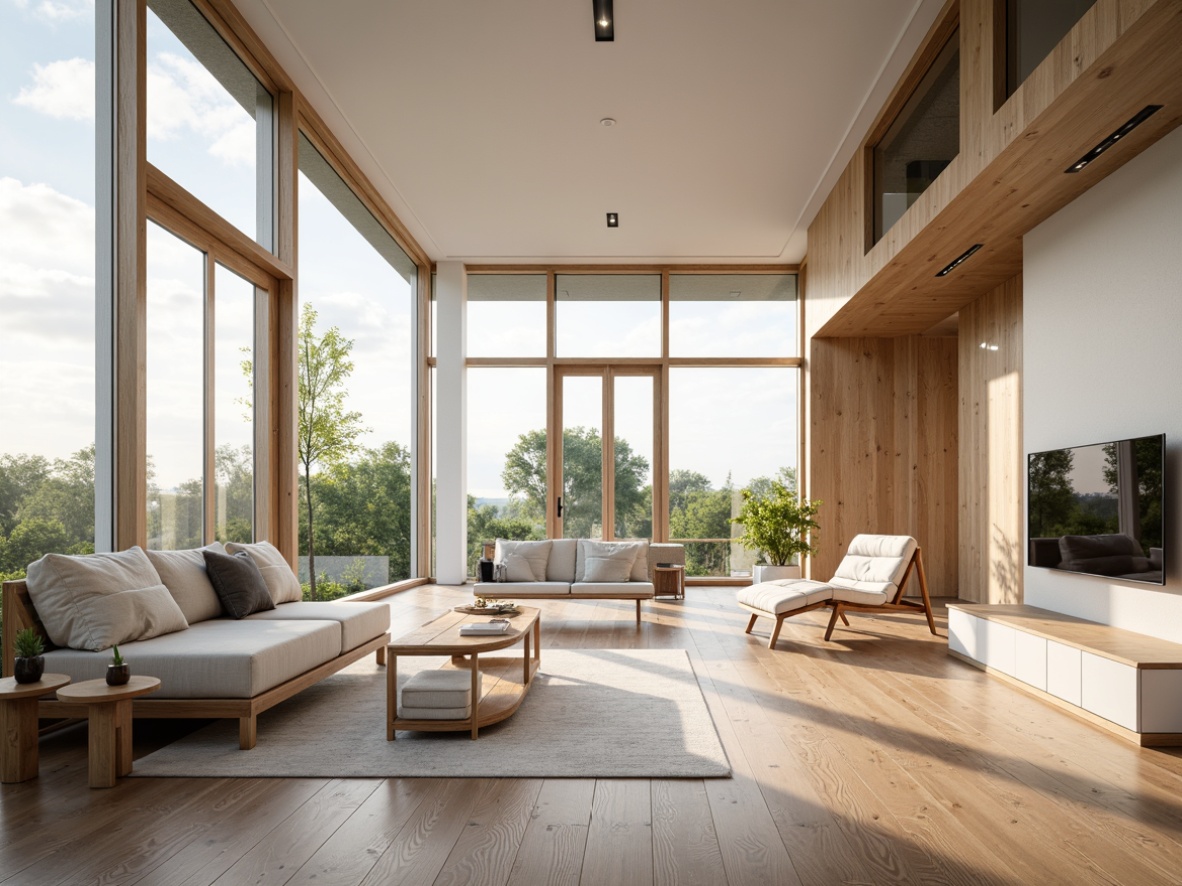 Prompt: Minimalist Scandinavian villa, wooden accents, light oak floors, white walls, floor-to-ceiling windows, natural textiles, cozy throw blankets, functional furniture, sleek lines, ergonomic design, nature-inspired colors, warm ambient lighting, soft shadows, 1/1 composition, realistic wood textures, subtle grain patterns.