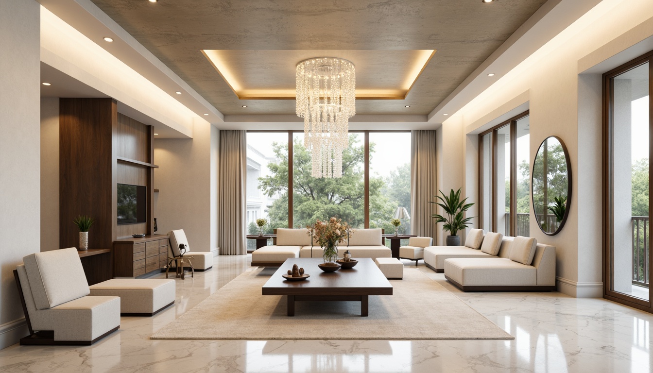 Prompt: Modern luxurious interior, sleek lines, minimalist decor, creamy white walls, polished marble floors, elegant chandeliers, crystal pendants, recessed lighting, warm ambient glow, soft diffused illumination, LED strips, hidden light sources, metallic accents, matte black finishes, sophisticated textures, subtle color palette, high ceilings, spacious open plans, dramatic floor-to-ceiling windows, natural daylight, artificial lighting harmony.