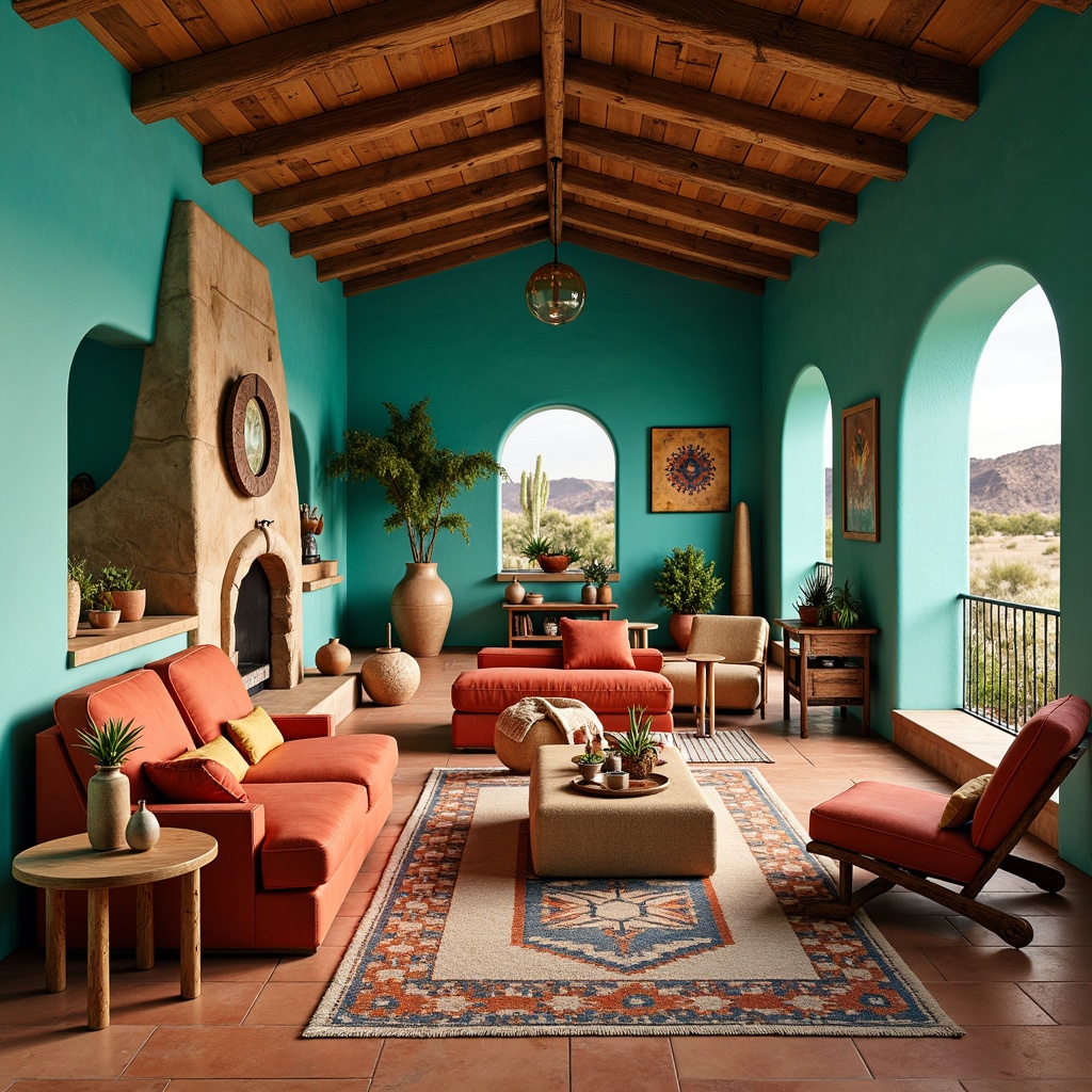 Prompt: Vibrant turquoise walls, earthy terracotta flooring, rustic wooden furniture, woven Native American-inspired textiles, geometric patterned rugs, warm golden lighting, natural sandstone accents, bold red and orange hues, Southwestern-style pottery, cacti and succulent decorations, distressed wood beams, vintage Navajo-inspired accessories, warm beige and sandy neutrals, sun-kissed desert landscape views, dramatic ceiling vaults, rustic metal lanterns, colorful Talavera tile work.