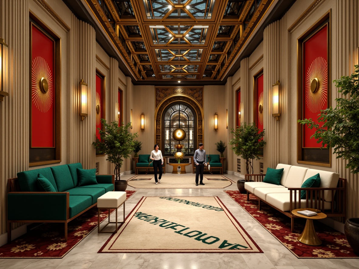 Prompt: Luxurious Art Deco interior, metallic accents, geometric patterns, ornate furnishings, bold color scheme, rich jewel tones, emerald green, sapphire blue, ruby red, amber gold, creamy ivory, chrome fixtures, glossy surfaces, opulent textiles, velvet drapes, marble floors, stylized typography, sunburst motifs, zigzag patterns, high-contrast lighting, warm glow, shallow depth of field, 1/1 composition, detailed renderings, realistic reflections.