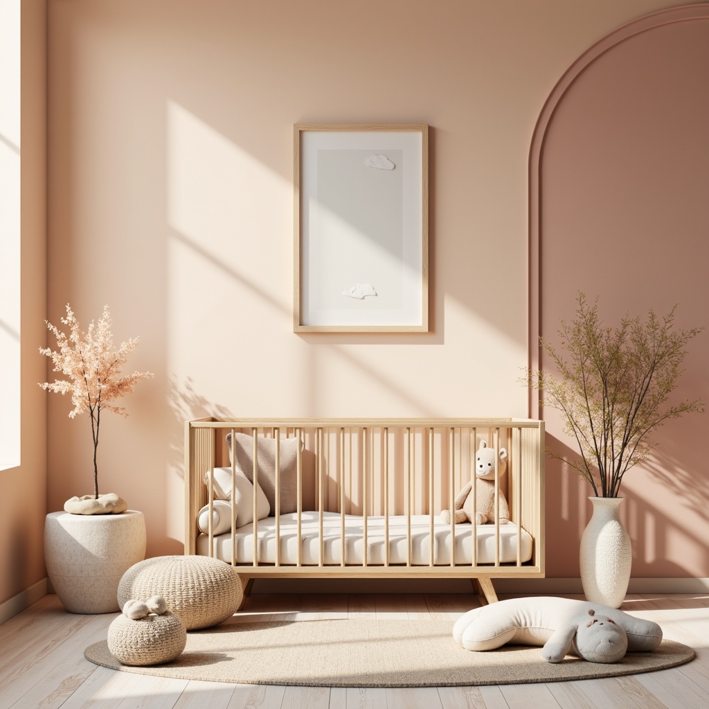 Prompt: \Soft peach tones, creamy whites, warm beige accents, natural wood furniture, minimalist decor, gentle curves, rounded edges, calming ambiance, soothing color palette, modern baby cribs, plush toys, cozy textiles, soft pastel hues, serene atmosphere, delicate patterns, gentle lighting, shallow depth of field, 1/1 composition, realistic textures, ambient occlusion.\