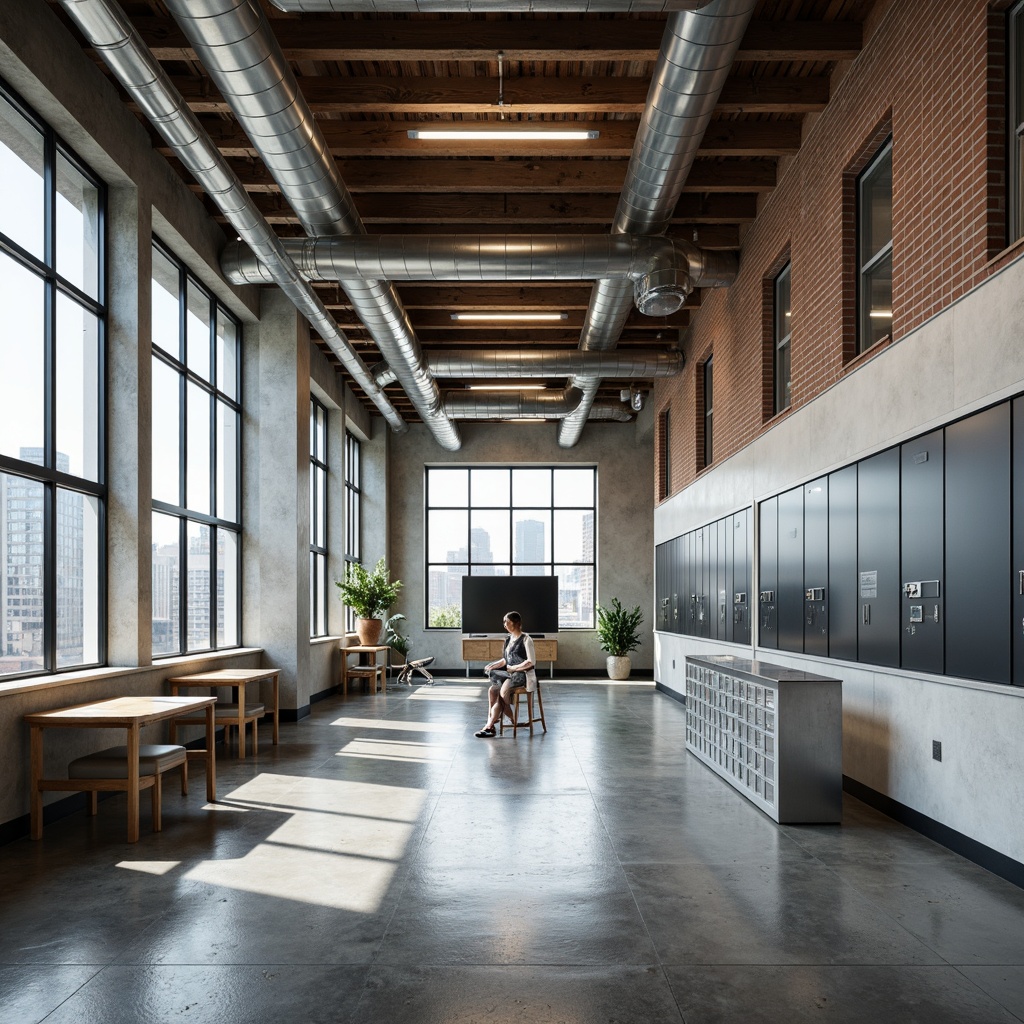 Prompt: Exposed ductwork, polished concrete floors, industrial metal beams, reclaimed wood accents, minimalist classrooms, modern chalkboards, sleek metal lockers, urban cityscape views, abundant natural light, functional simplicity, distressed brick walls, industrial-style lighting fixtures, metallic color scheme, geometric shapes, open floor plan, collaborative learning spaces, ergonomic furniture, dynamic architectural lines, subtle texture contrasts, shallow depth of field, 1/1 composition, realistic materials, ambient occlusion.