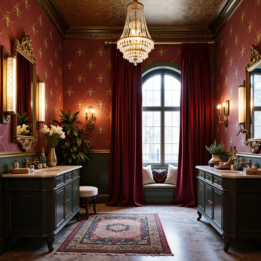 Prompt: Whimsical powder room, bold eclectic style, antique furniture pieces, ornate mirrors, luxurious velvet drapes, rich jewel-toned walls, metallic gold accents, crystal chandeliers, plush area rugs, intricate wallpaper patterns, feminine makeup vanities, ornamental decorative accessories, lavish marble countertops, soft warm lighting, shallow depth of field, 1/1 composition, realistic textures, ambient occlusion.