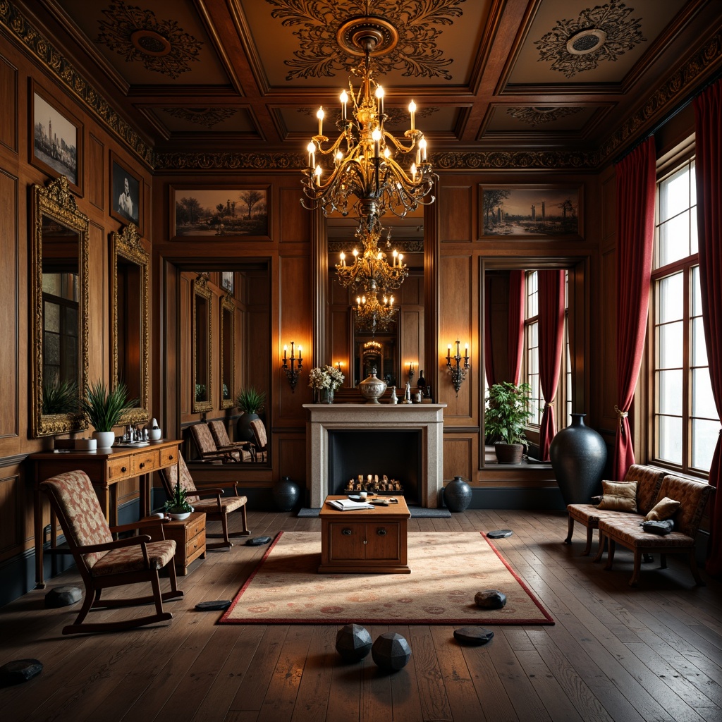 Prompt: Elegant home gym, rich wood tones, ornate mirrors, vintage exercise machines, leather-bound weights, distressed metal equipment, intricate carvings, lavish chandeliers, velvet drapes, dark wood flooring, antique furniture pieces, nostalgic photographs, warm golden lighting, soft focus, 1/2 composition, atmospheric depth of field, realistic textures.