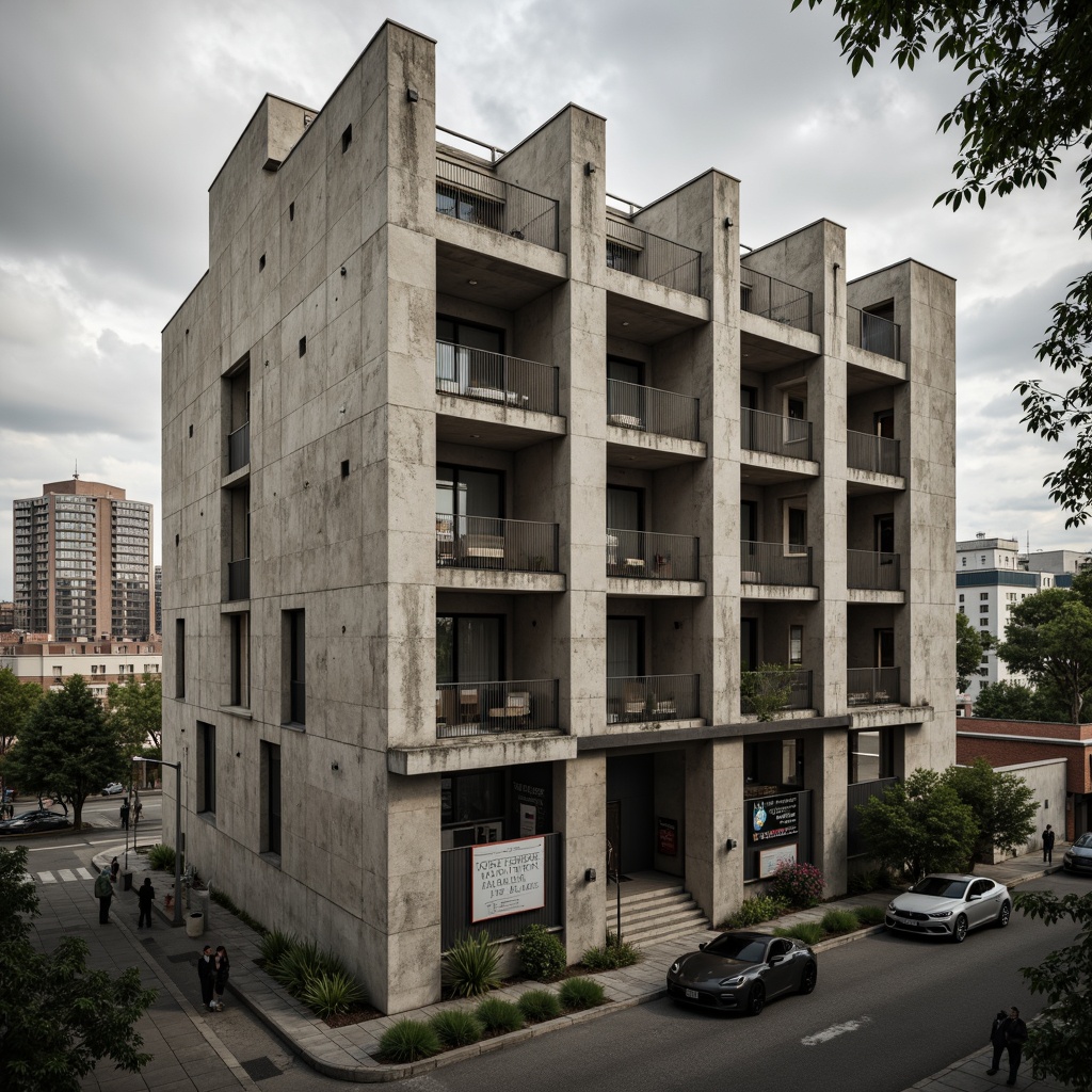 Prompt: Rugged brutalist architecture, industrial concrete textures, weathered steel beams, raw exposed ductwork, bold geometric shapes, minimalist decorative elements, monochromatic color scheme, muted earth tones, cold gray accents, warm beige undertones, urban cityscape background, overcast sky, dramatic shadows, high-contrast lighting, cinematic composition, gritty realistic render.