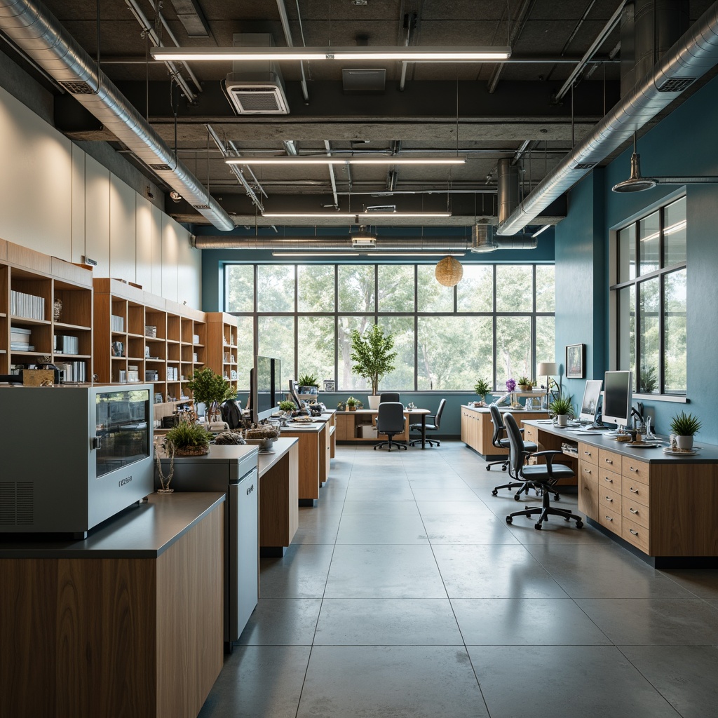 Prompt: Modern research laboratory, sleek metal equipment, industrial lighting, neutral beige walls, calming blue accents, rich wood tones, ergonomic furniture, minimalist decor, ample natural light, soft warm glow, shallow depth of field, 3/4 composition, realistic textures, ambient occlusion.