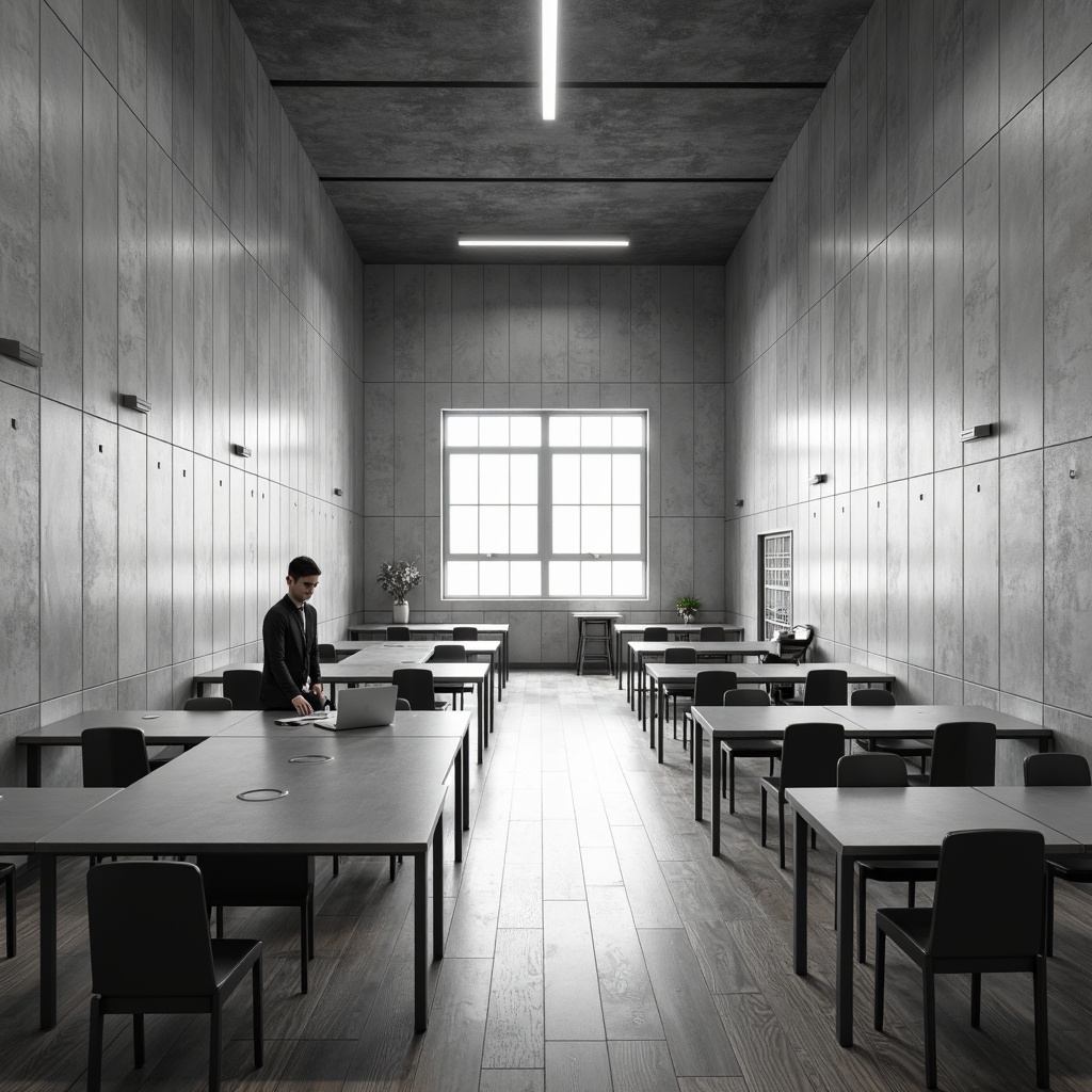 Prompt: Monochromatic school interior, minimalist decor, textured concrete walls, sleek wooden floors, simple furniture, industrial lighting fixtures, geometric-shaped tables, ergonomic chairs, abundant natural light, subtle color palette, soft shadows, shallow depth of field, 1/1 composition, realistic textures, ambient occlusion.