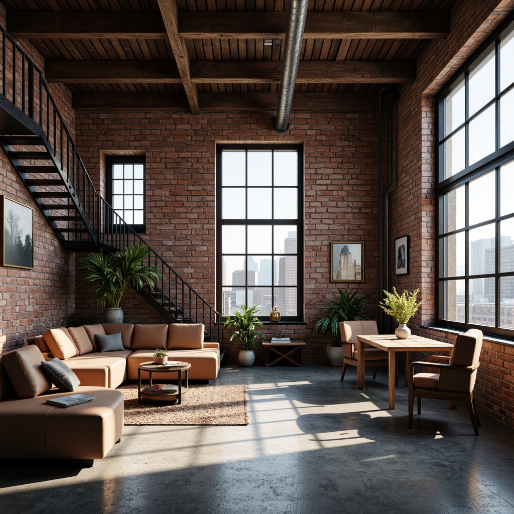 Prompt: Exposed brick walls, industrial metal beams, reclaimed wood accents, vintage factory windows, distressed concrete floors, edgy modern furniture, urban loft atmosphere, minimalist decor, functional pipes, metal staircase, exposed ductwork, urban cityscape views, natural light pouring, atmospheric shadows, cinematic lighting, high contrast colors, 3/4 composition, realistic textures.